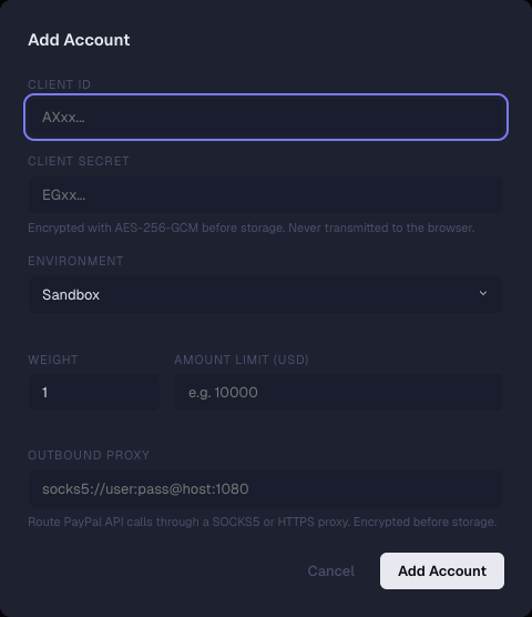 Add Account form — Client ID, Client Secret, Environment, proxy fields