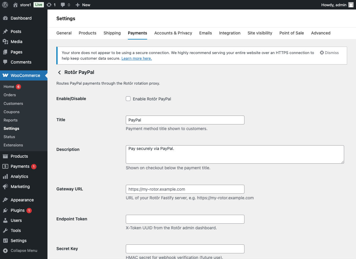 WooCommerce → Settings → Payments → Rotōr PayPal settings page showing Gateway URL, Endpoint Token, and connection fields